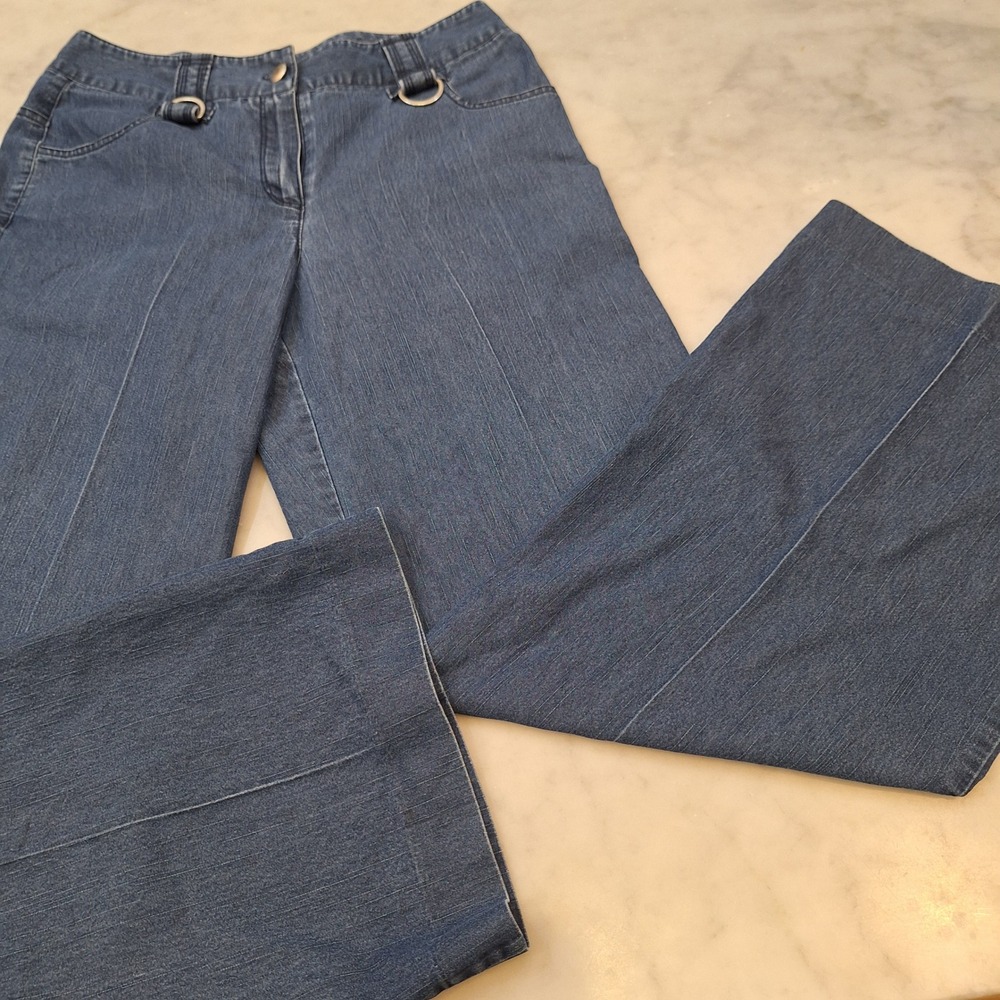 Larry Levine Trousers Women 6 Blue Wide Leg D-Ring Stretch Denim Pants Y2K Style